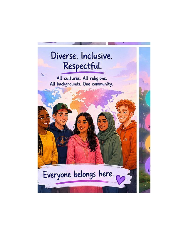 A diverse group of residents and staff smiling, with the message Everyone belongs here