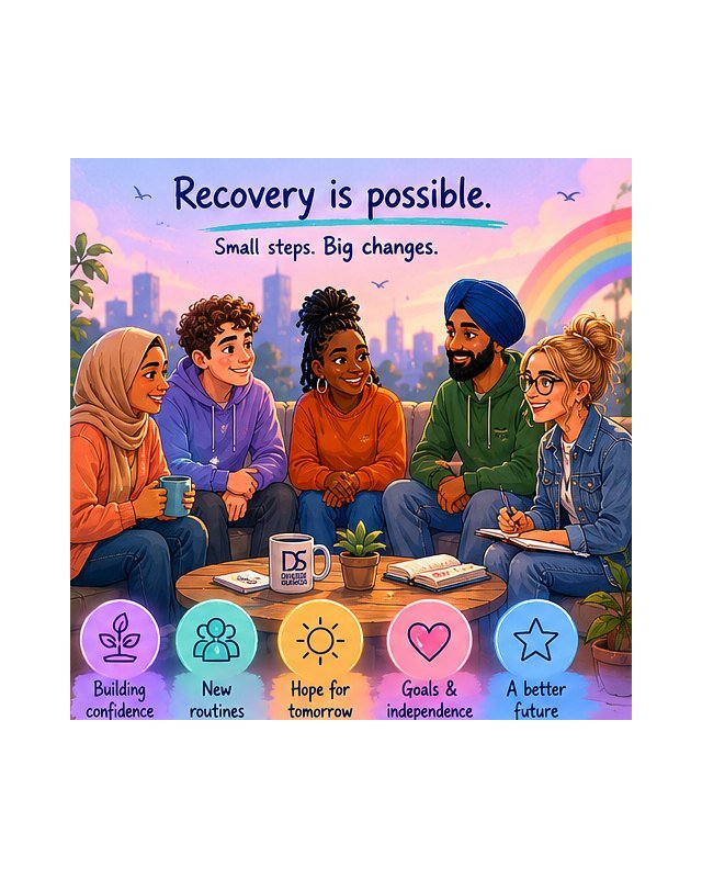 A diverse group sitting together with the message Recovery is possible, small steps, big changes