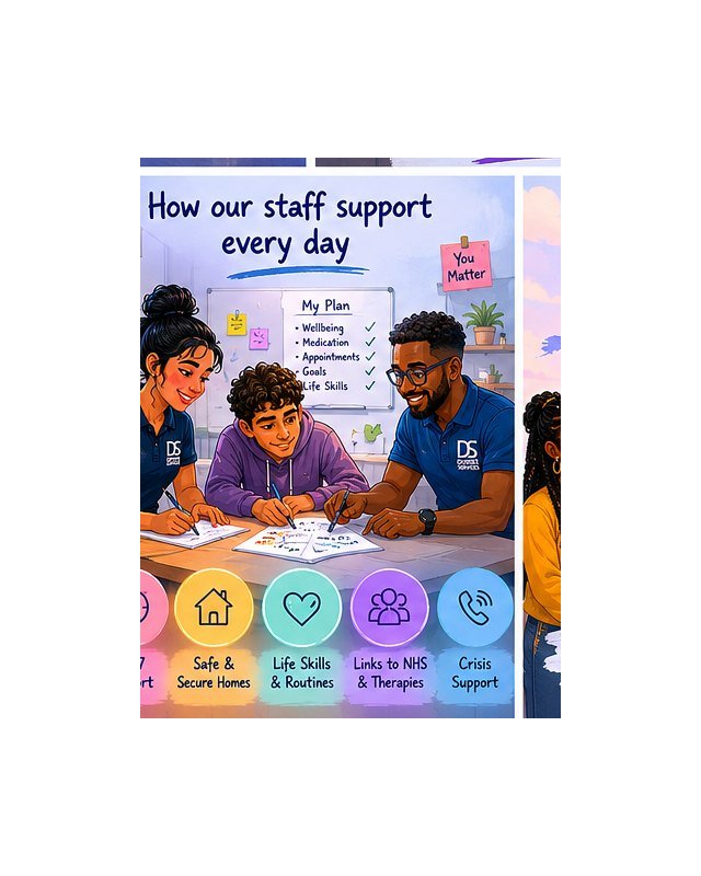 Staff members planning support with a resident, around a table with notes and goals