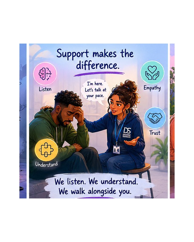 A staff member listening kindly to a resident, with words like Listen, Empathy, Trust, Understand around them