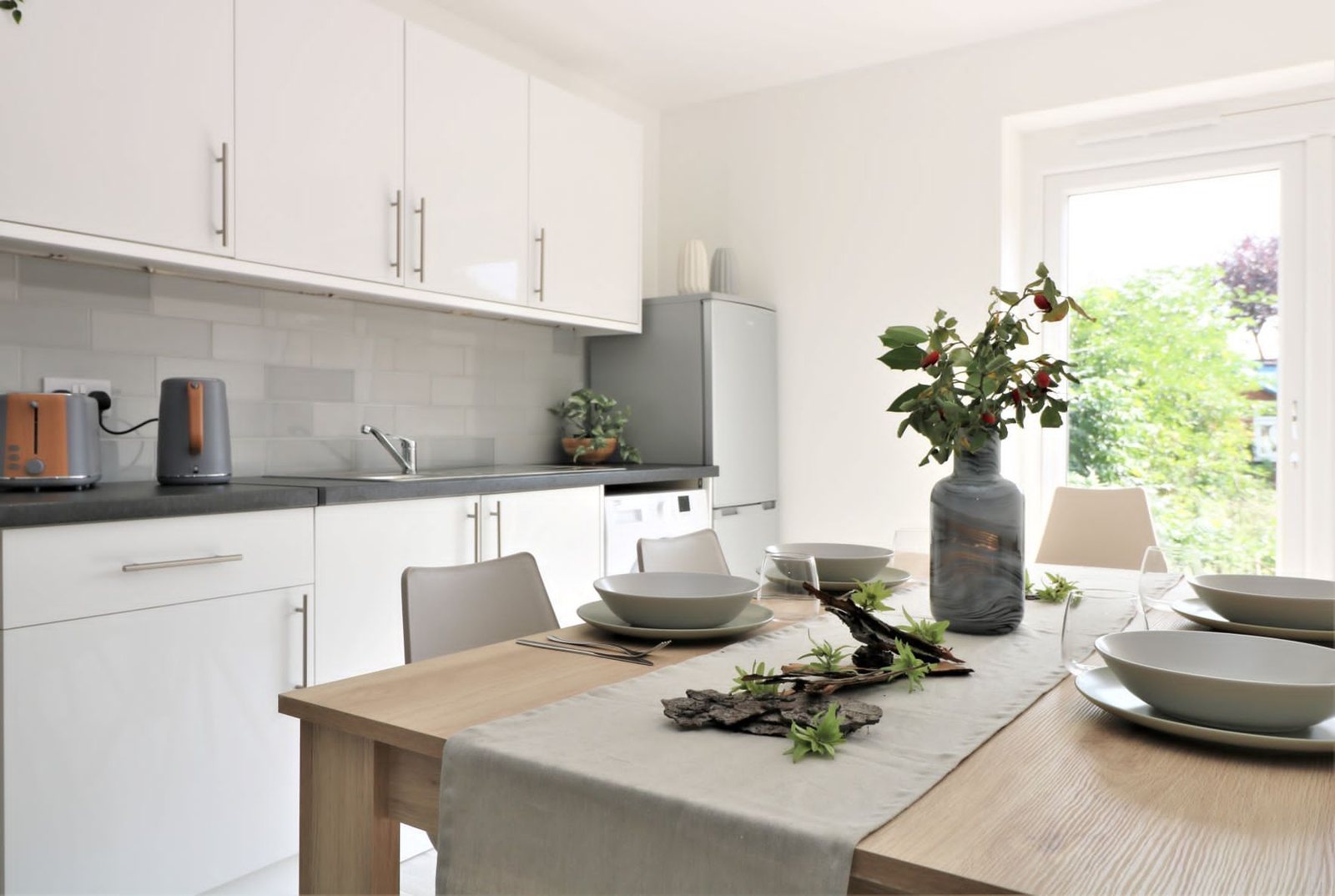 Bright kitchen and dining area